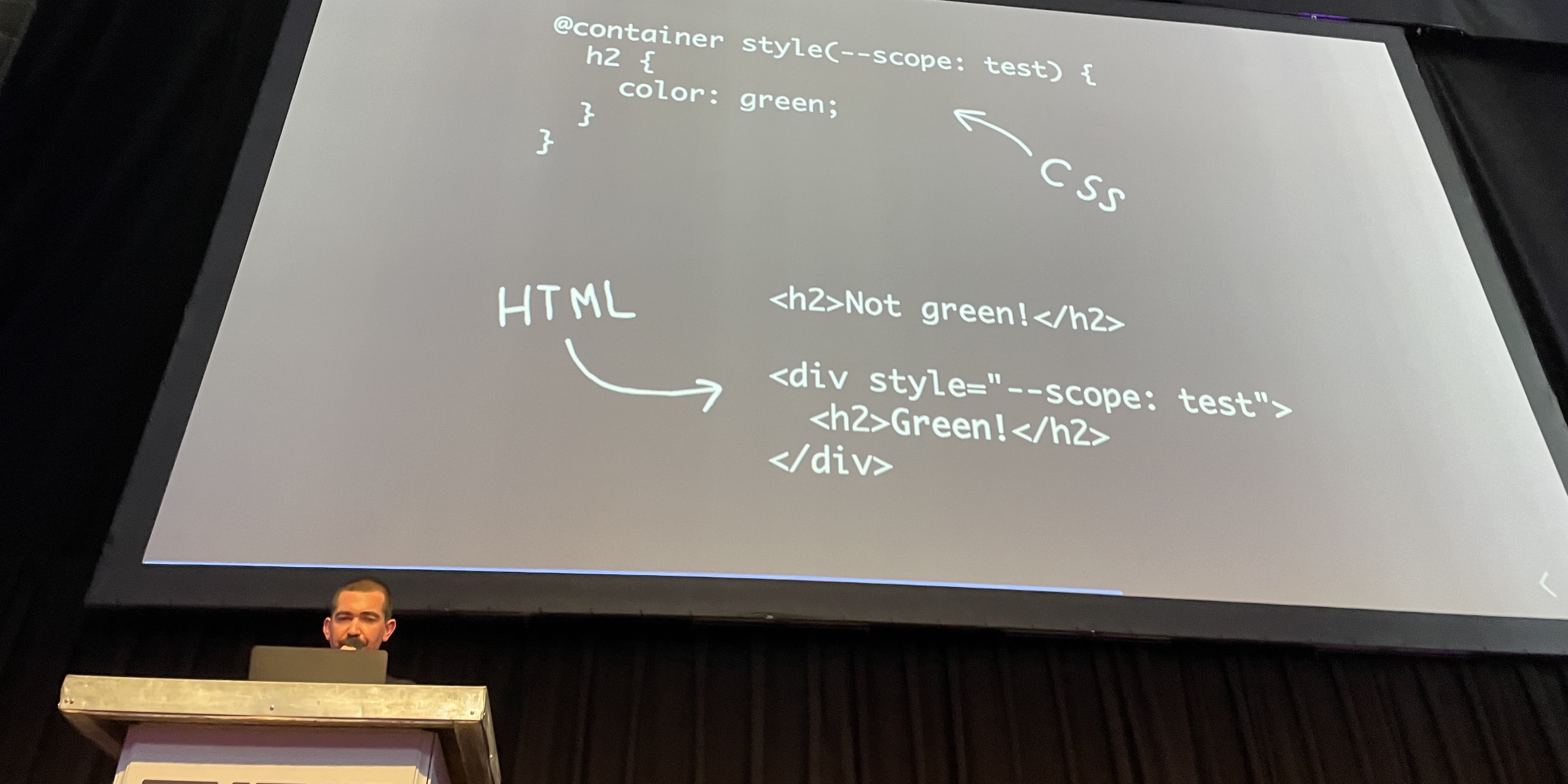 Heydon behind the podium at CSS Day,
with a slide demonstrating
style queries

