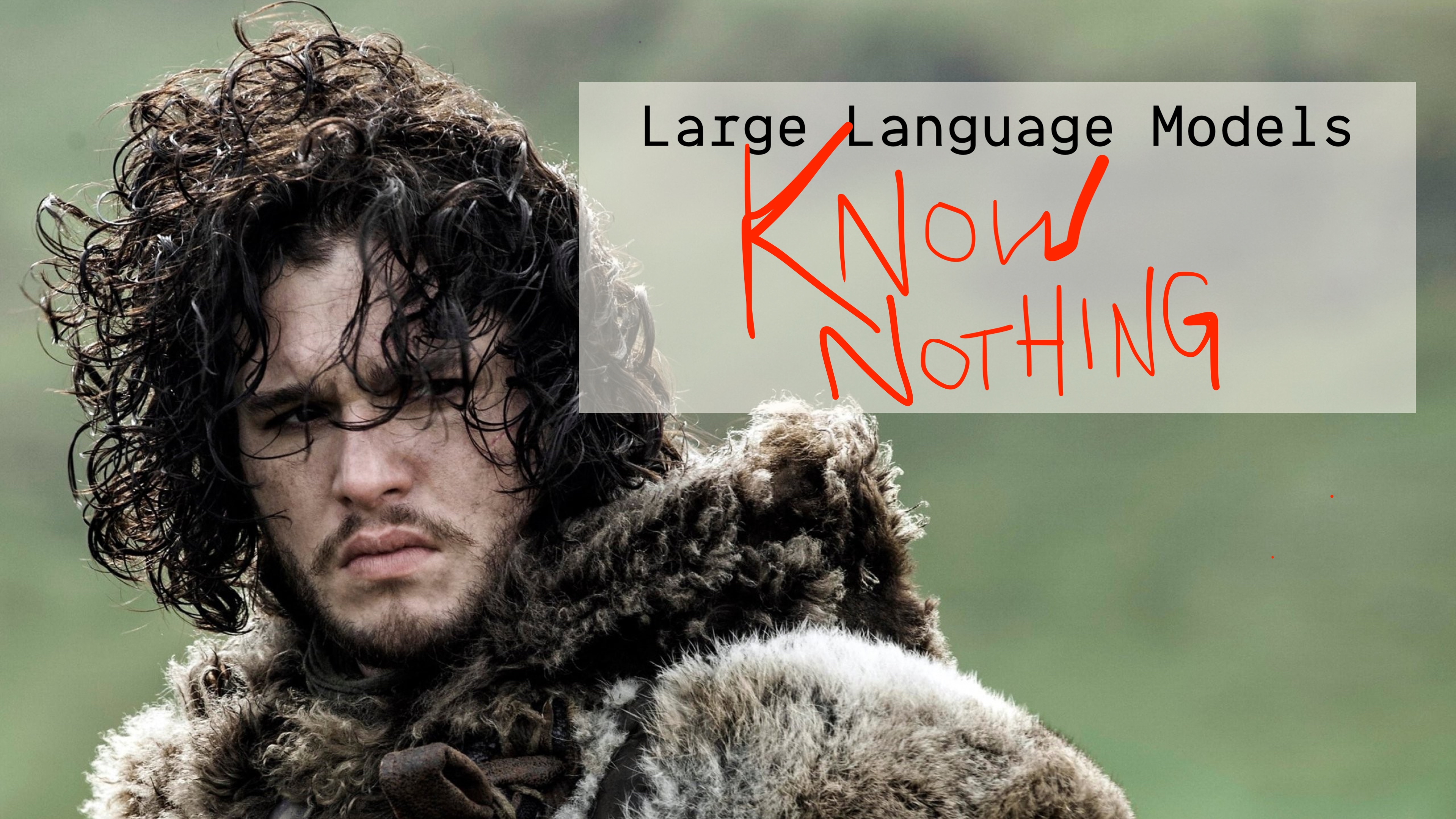 Image of John Snow from Game of Throwns labeled 'Large Language Models know nothing'
