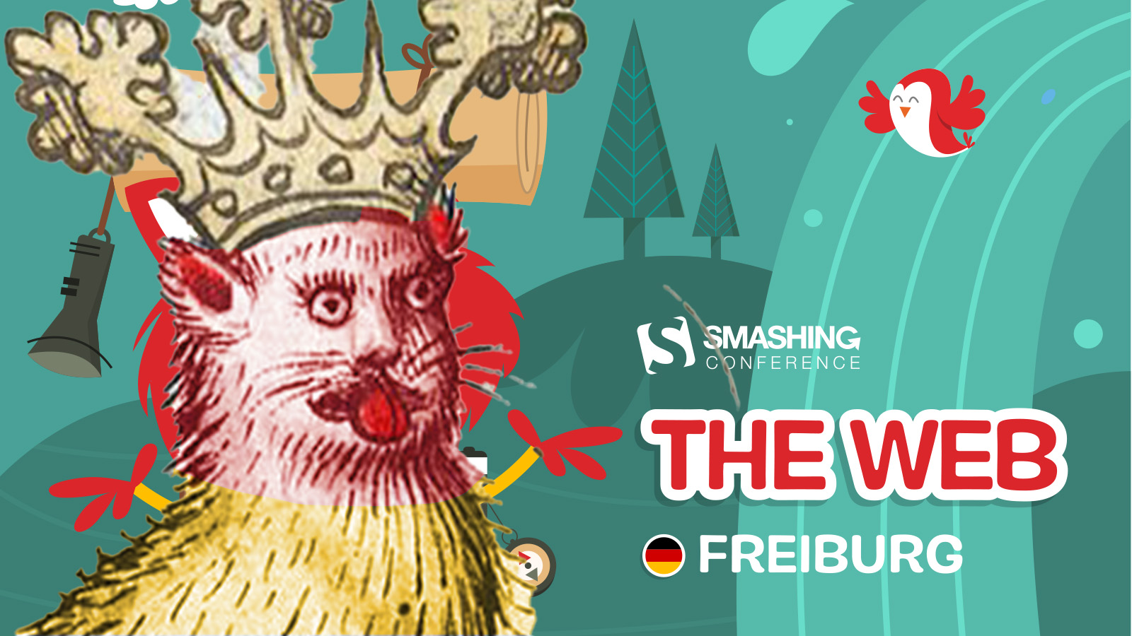 Smashing Conf banner for Freiburg, The Web - with Topple cat replaced by badly photoshopped medieval cat drawing.
