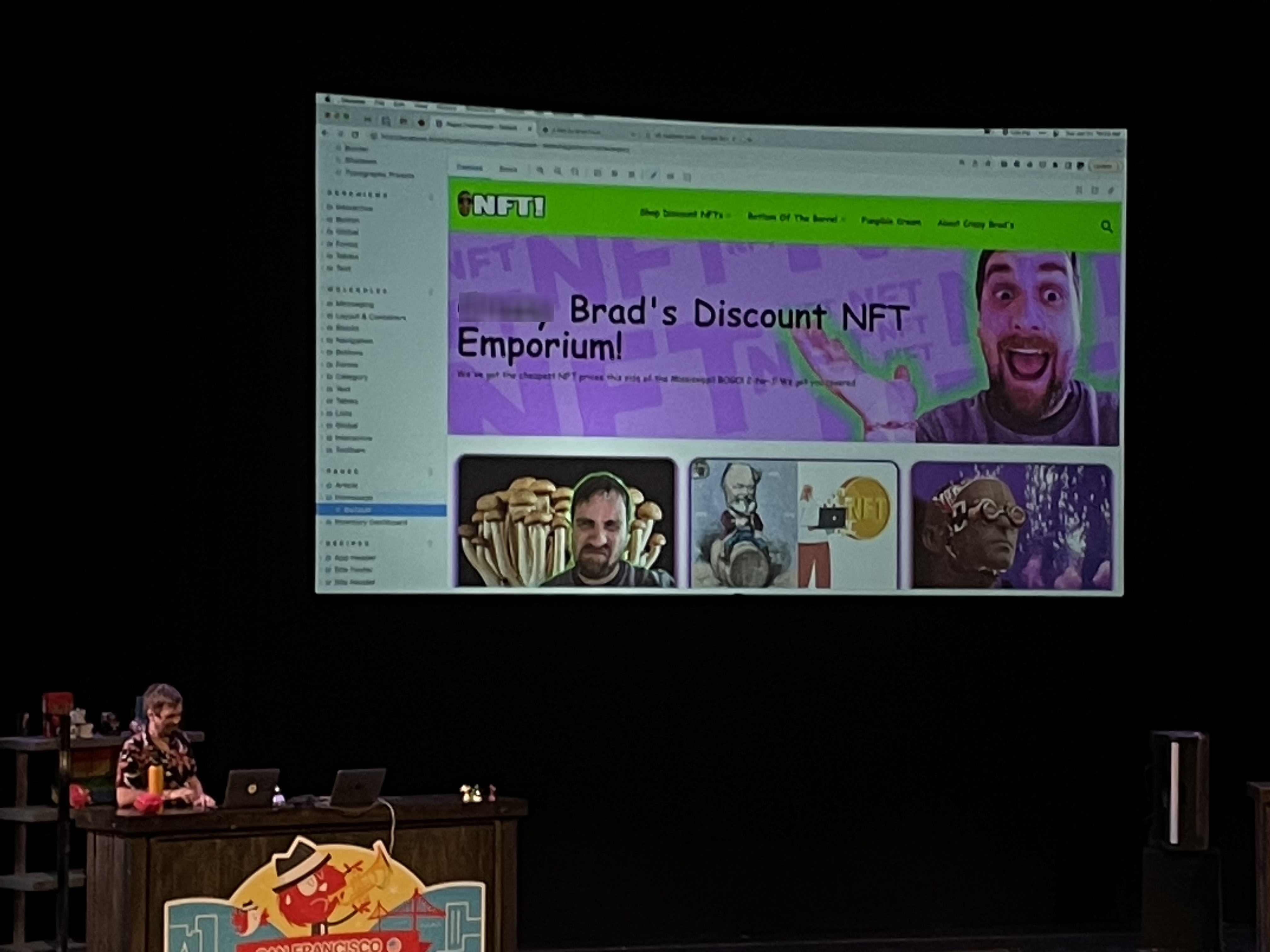 Brad frost on stage
talking bout design systems
with a demo of
'Brads discount NFT emporium'
in comic sans
