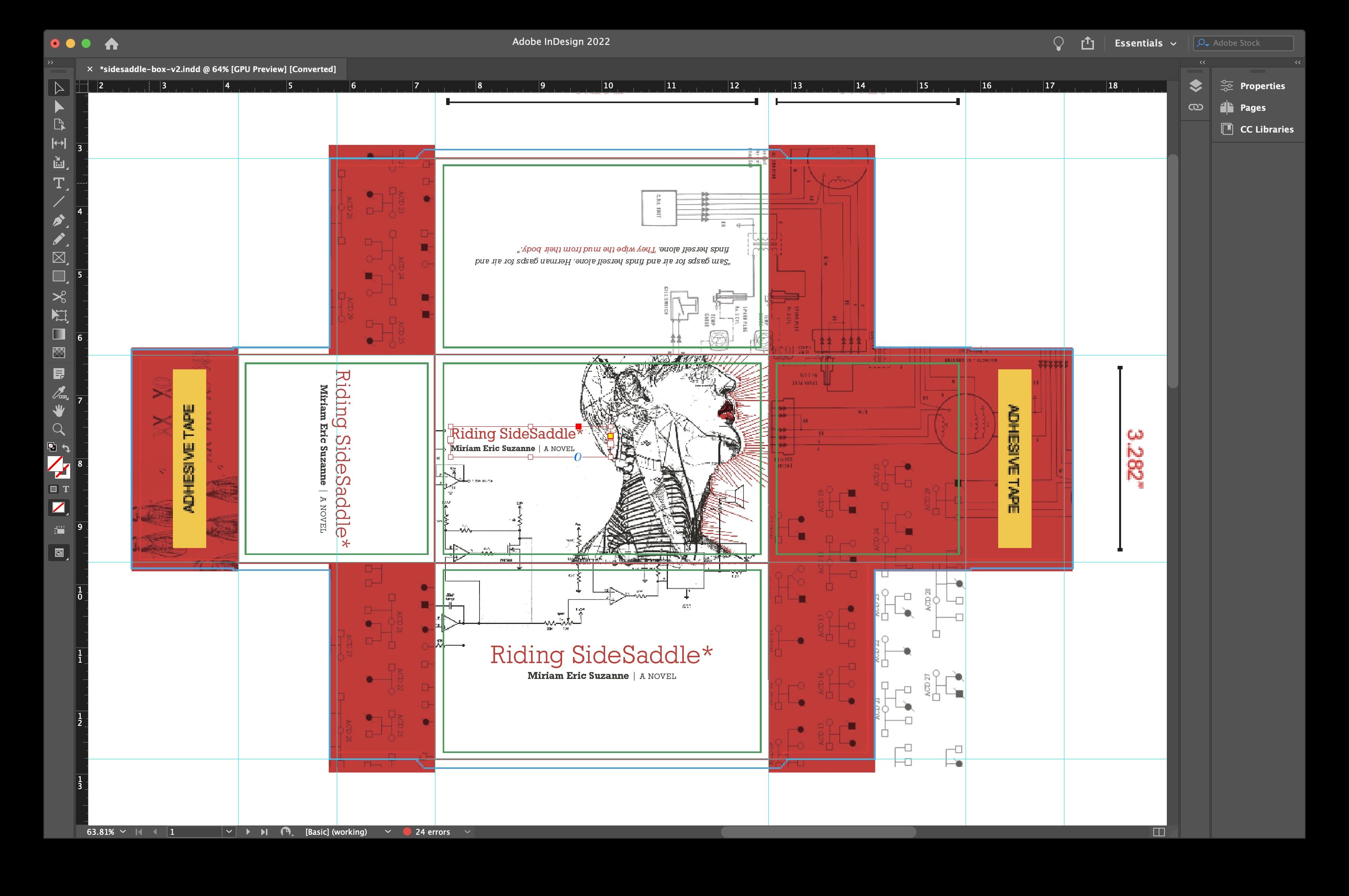 InDesign book-cover layout
for Riding SideSaddle,
my novel in a box
