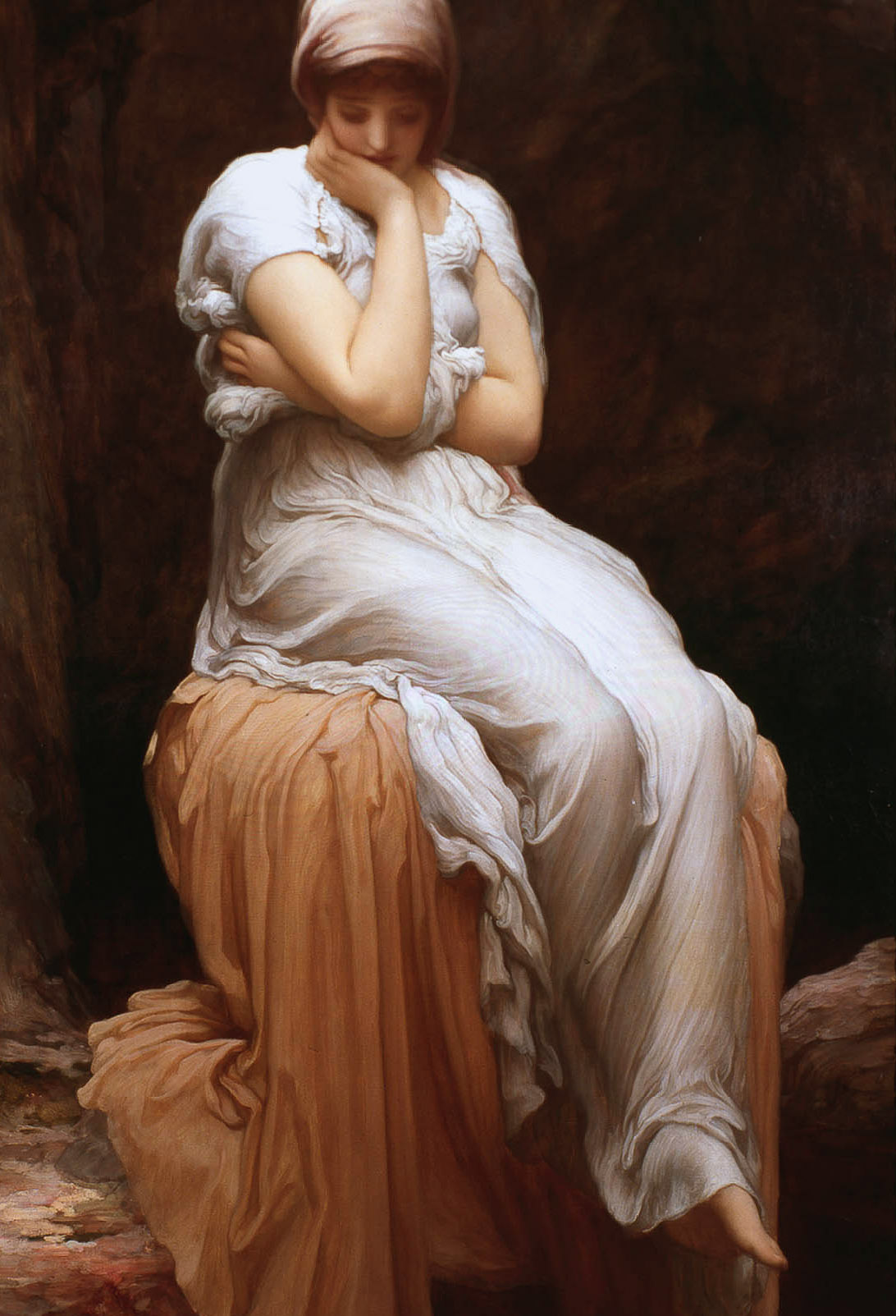 Painting of a young white woman
in a white gown and head scarf,
sitting alone on tall a cloth-draped box,
with her arms crossed
and her head looking down,
resting on one hand.
