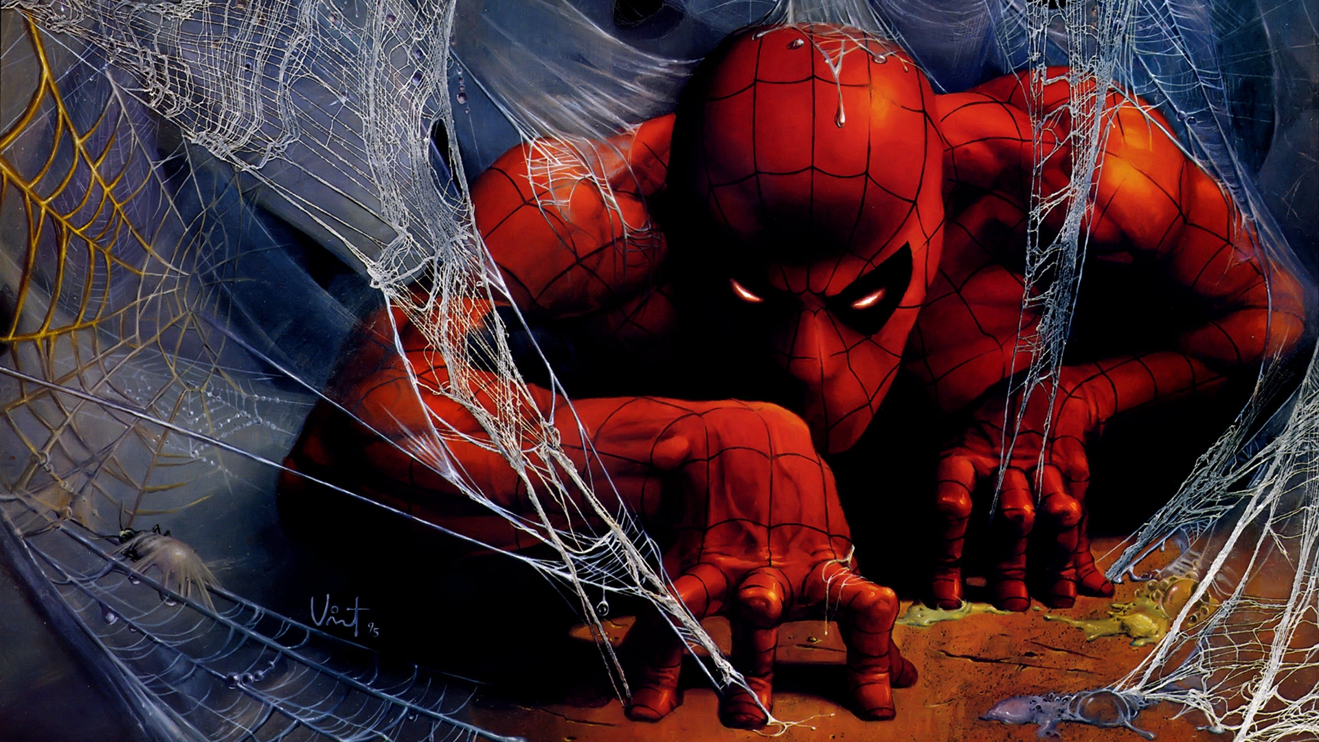 Spider man crawling towards you
with webs everywhere
