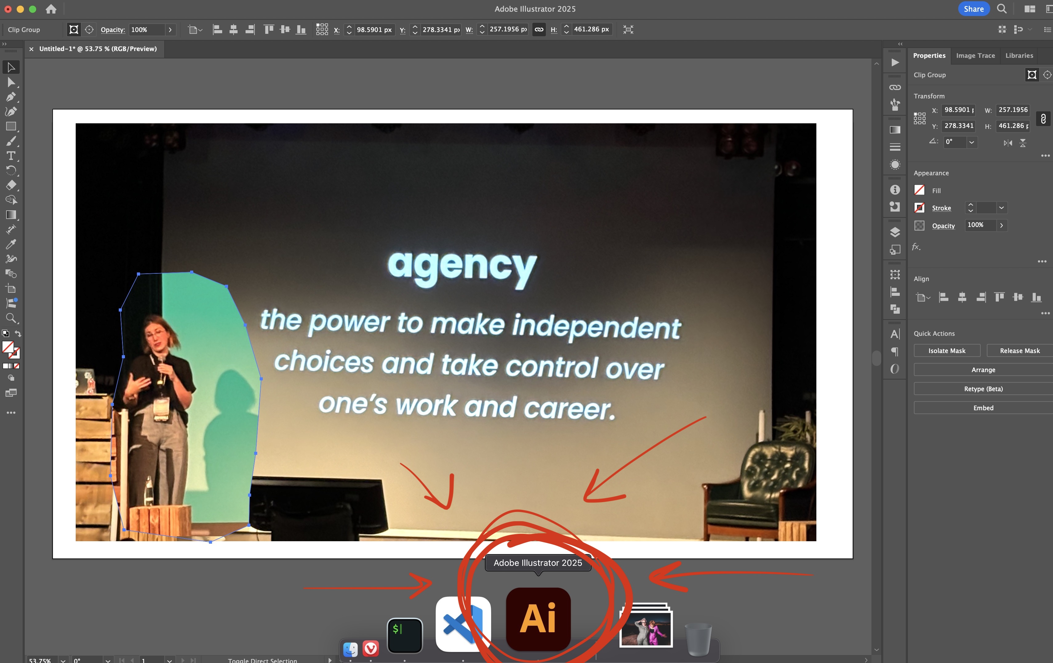 Adobe Illustrator canvas with the previous slide edited to replace Christine with Jessica
