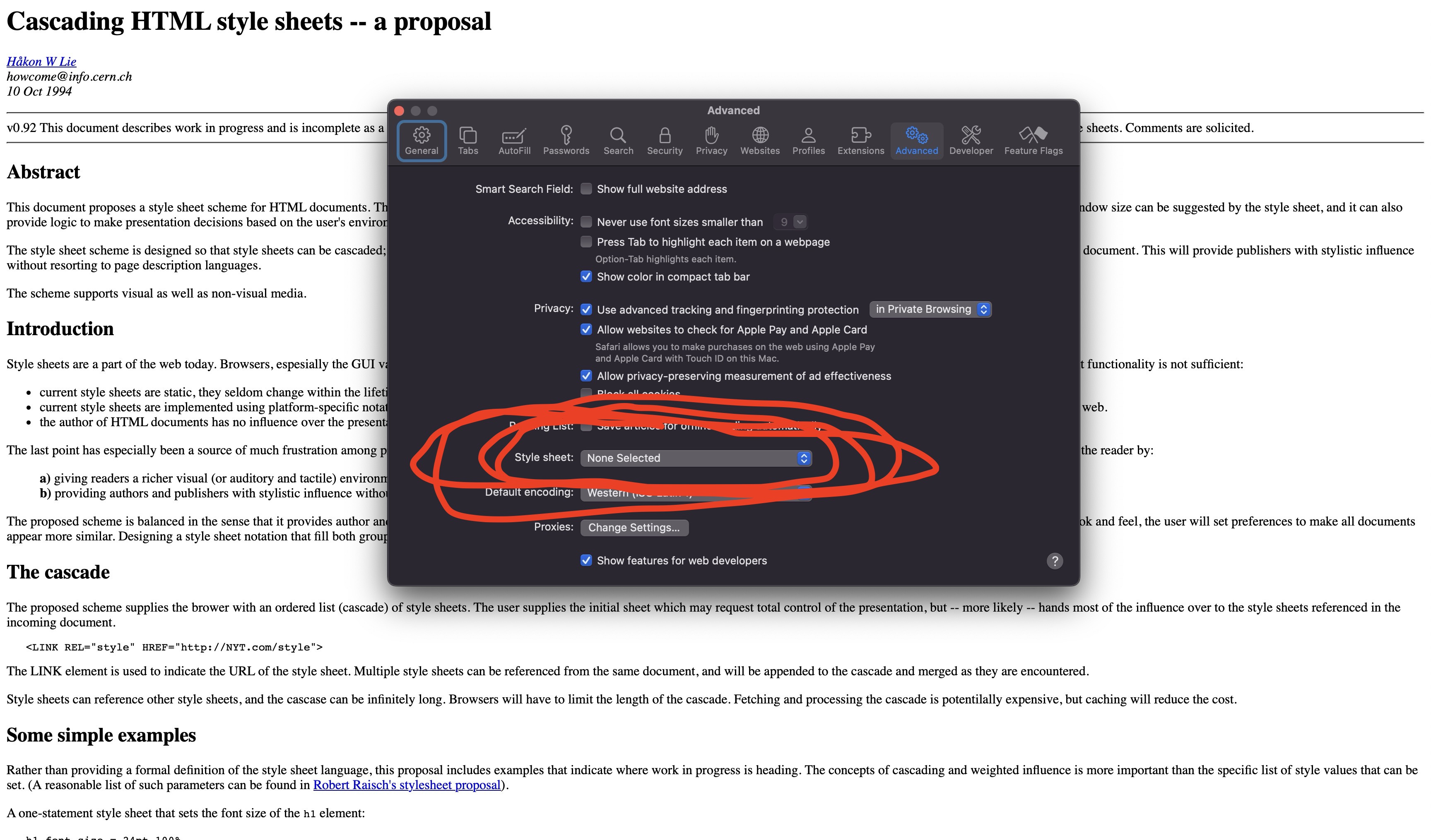 Safari settings panel, advanced tab, with a red scribble highlighting a style sheet option, with none selected by default.
