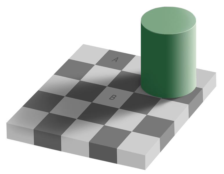 A cylinder casts a shadow across a chess board, creating an optical illusion - a dark square outside the shadow (A) and a light square inside (B) are actually the same shade of gray
